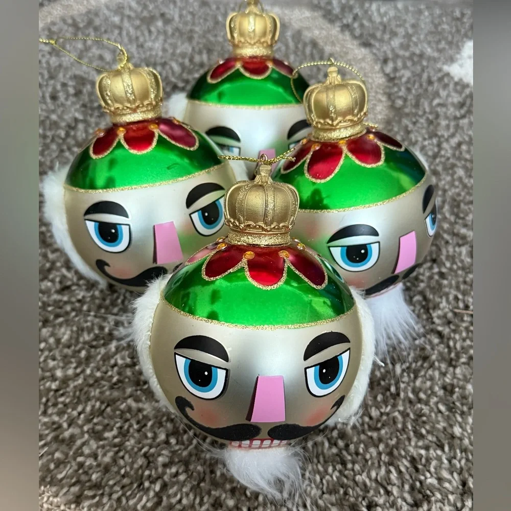 Vintage Pier 1 Round Glass Ball Nutcracker Ornaments Set of 4.